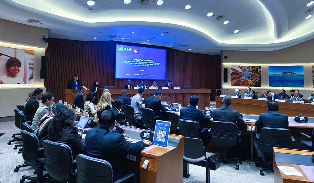 Minister Biraj Bhakta Shrestha addressing the UN ESCAP dialogue in Bangkok alongside regional diplomats