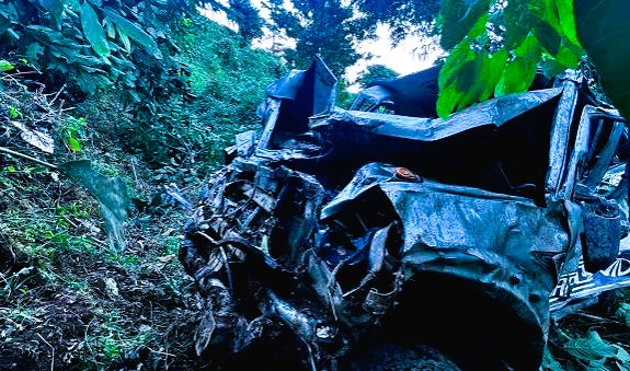 Nepal Police officers and local rescuers at the scene of the Scorpio SUV accident in Gulmi district