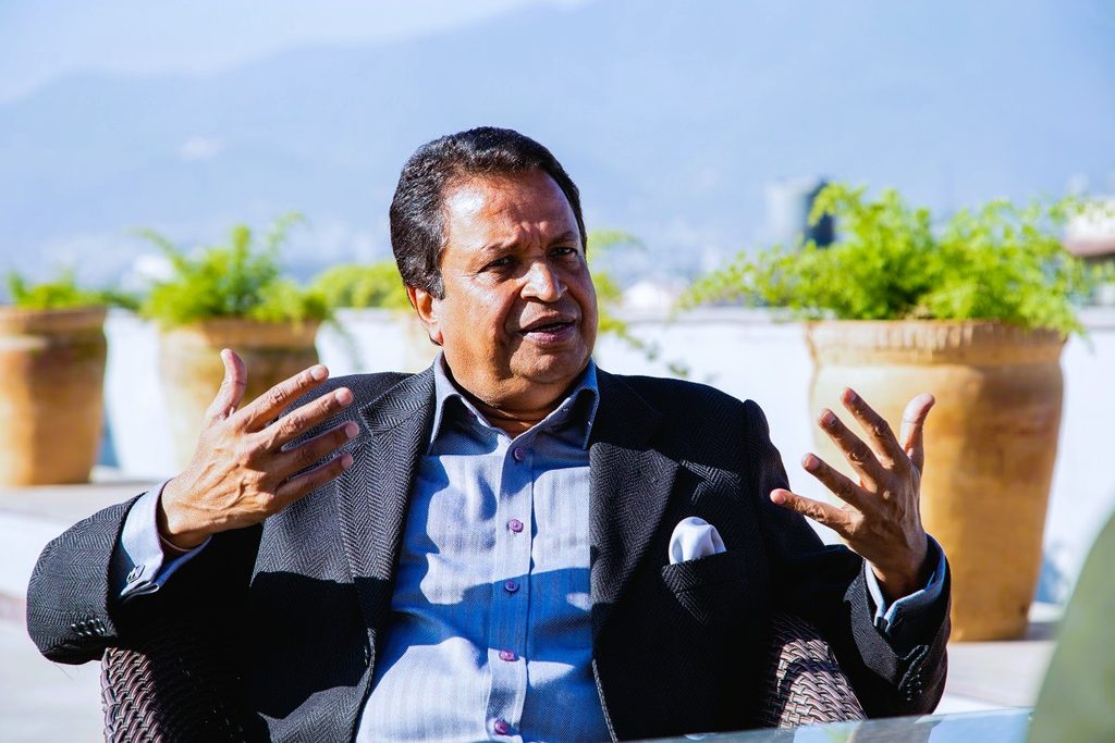 Binod Chaudhary addressing delegates at the Nepali Congress 15th General Convention hall in Kathmandu