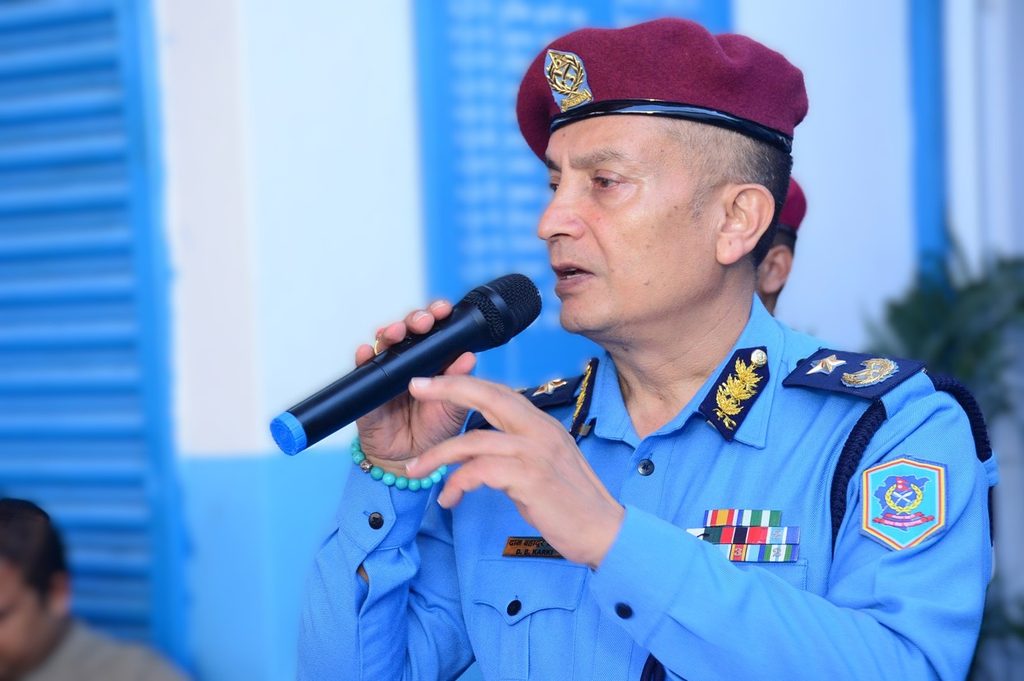 Inspector General of Police Dan Bahadur Karki chairing a meeting at Nepal Police Headquarters in Naxal