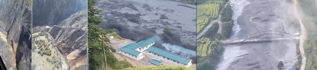 Aerial view of the Budhigandaki river channel showing mud and debris deposit zones following the landslide outburst