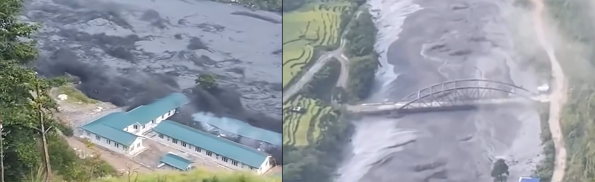 Muddy floodwaters of the Budhigandaki River sweeping past destroyed bridges and damaged riverbank structures in Gorkha