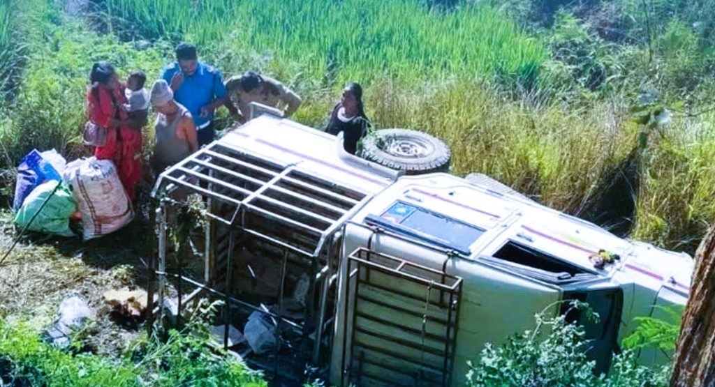 Nepal Police inspecting the site of a Bolero jeep accident along the Siddhicharan Highway in Katari, Udayapur