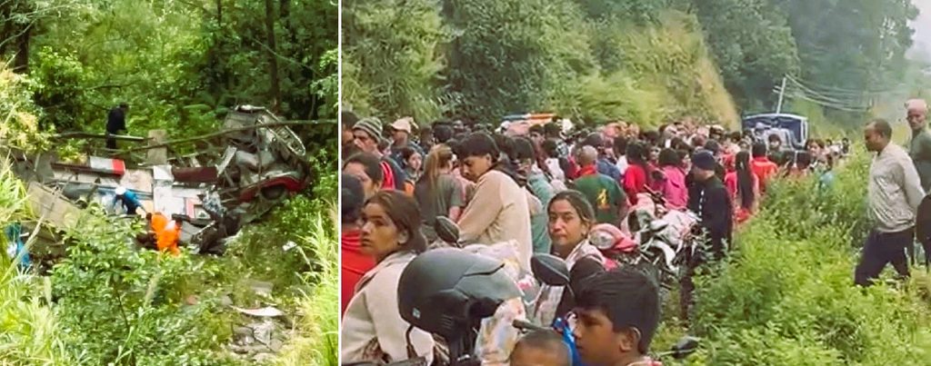 Nepal Army and Police officers conducting rescue operations at the steep cliff site of the Pokhara school bus crash