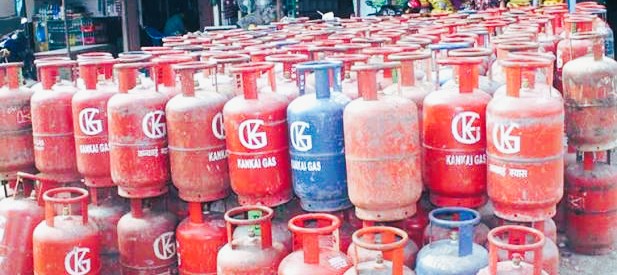 Cooking gas LPG cylinders stacked at a local distribution depot in Kathmandu