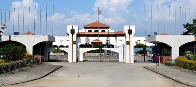 Panoramic interior view of the House of Representatives chamber at the Federal Parliament of Nepal in Kathmandu