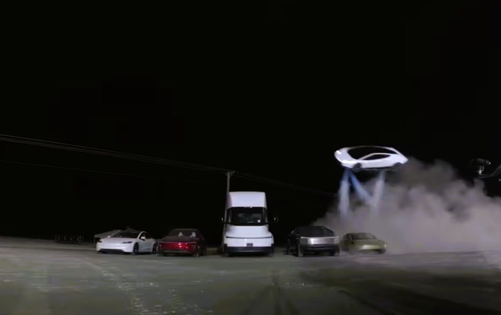 Next-generation Tesla Roadster hovering in mid-air using SpaceX cold-gas thrusters during a live demonstration in Texas