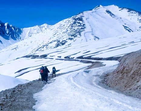 Snow-covered high mountain section of the Hilsa-Simkot road near the Nepal-China border in Humla