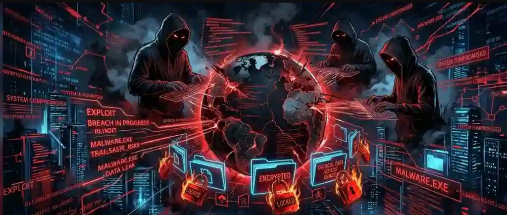 Digital security warning interface illustrating system breach alerts and automated cyber threat detection