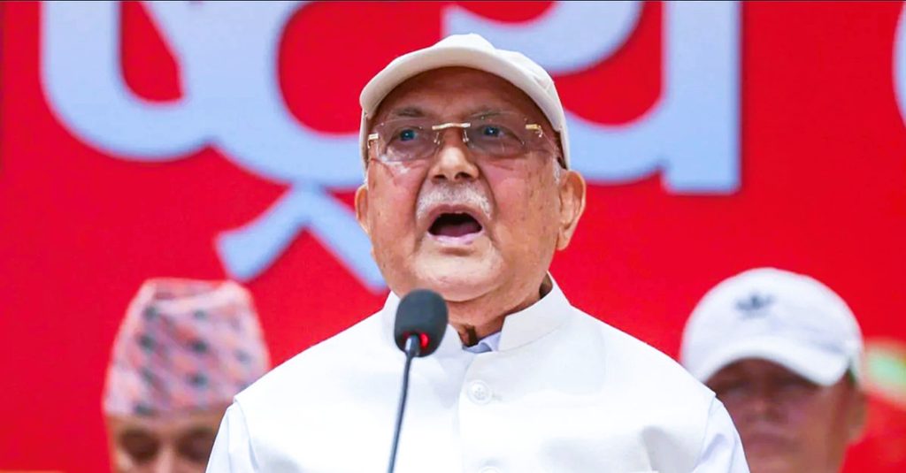 CPN-UML Chairman KP Sharma Oli addressing a public gathering in Kathmandu