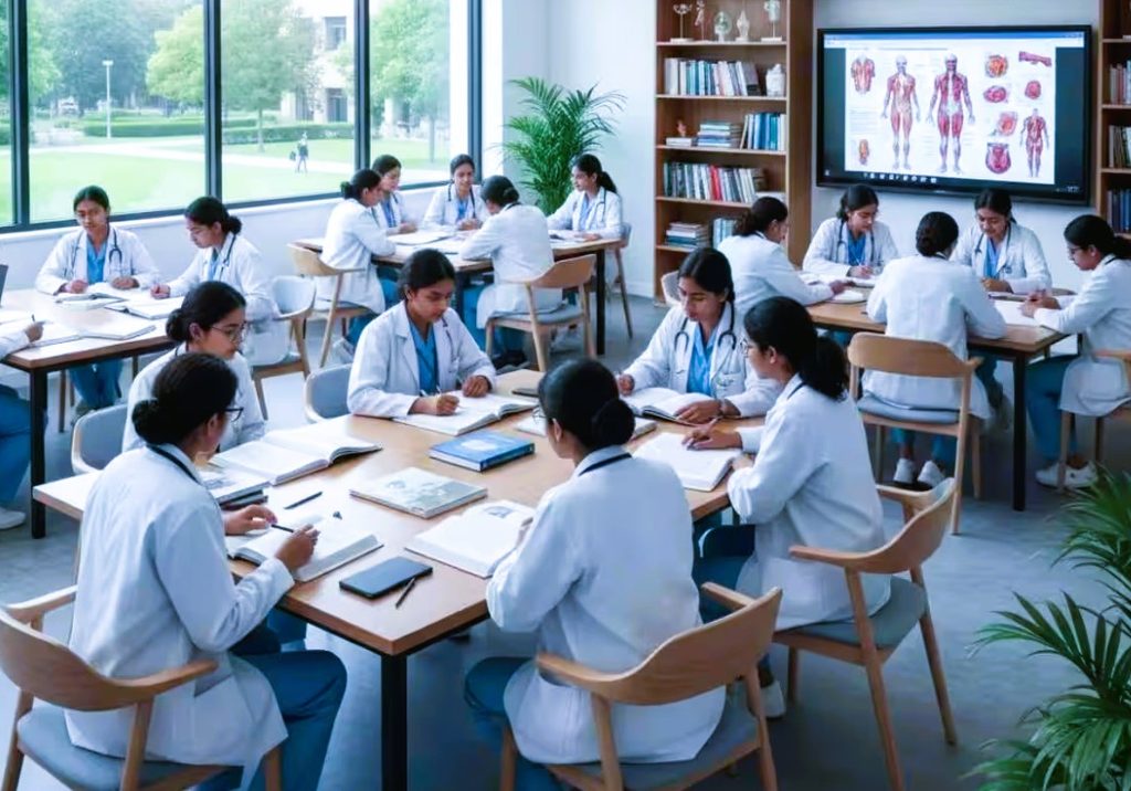 Medical students attending a lecture in a public university teaching hospital classroom in Kathmandu