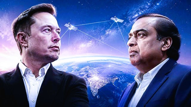 Illustration comparing SpaceX Starlink satellite network logos against Reliance Jio corporate branding