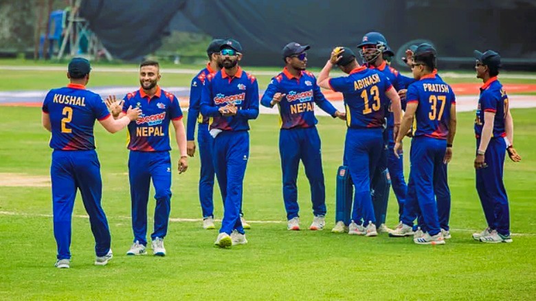 Nepal national cricket team celebrating after defeating Oman by 113 runs in the ICC Cricket World Cup League 2 match