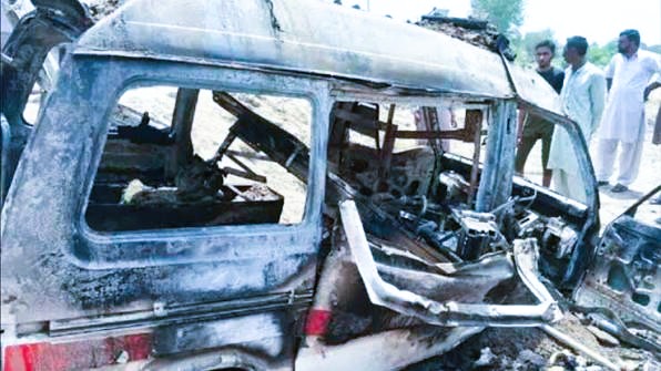 Destroyed ambulance wreckage outside a government hospital in Tharparkar Sindh following an oxygen cylinder explosion