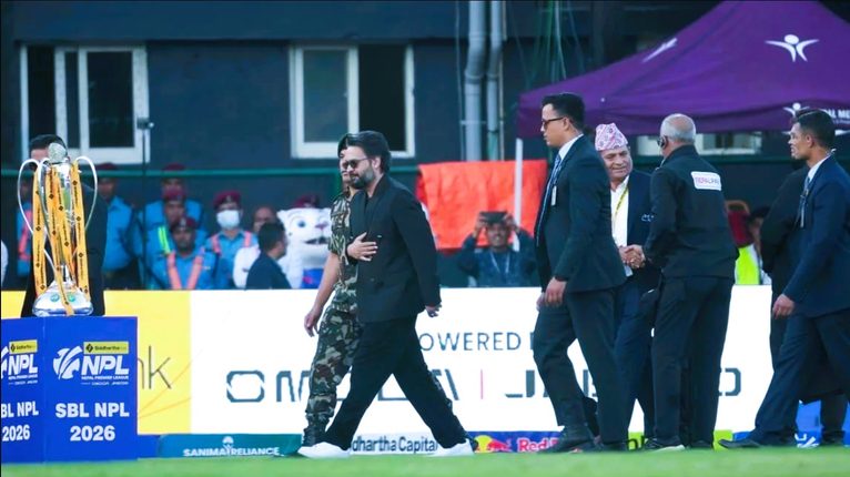 Prime Minister Balen Shah greeting players and organizers during the NPL opening ceremony at TU Cricket Ground