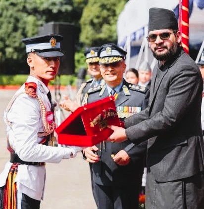 Prime Minister Balendra Shah inspecting the guard of honor during the Police Inspector pass-out ceremony at National Police Academy Maharajgunj