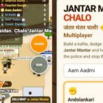 Graphic illustration of a satirical mobile video game depicting protesters dodging police barricades near Jantar Mantar in New Delhi