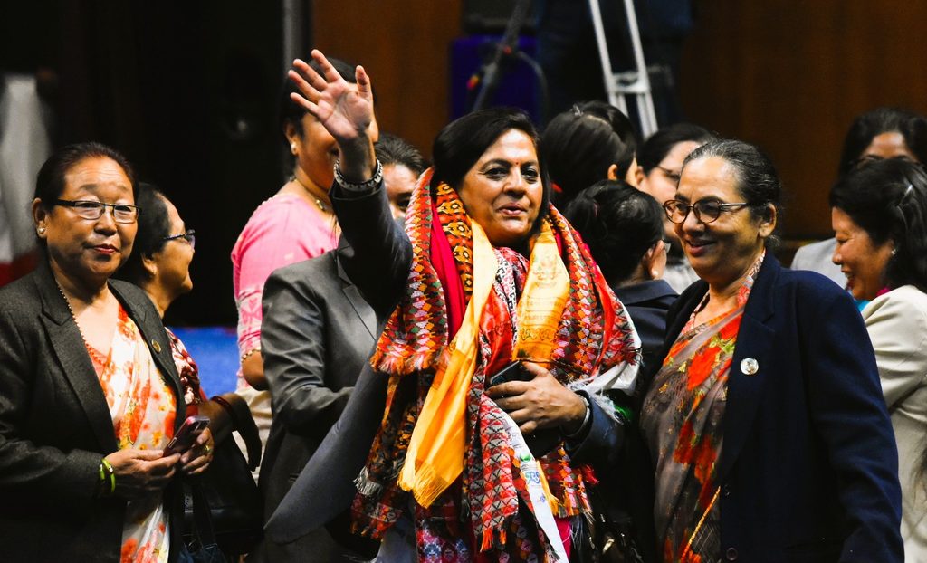 Nepali Congress Vice-President Pushpa Bhusal addressing party representatives at the 15th General Convention in Kathmandu
