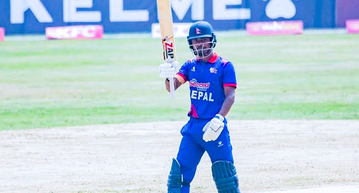 Nepal national cricket team captain Rohit Paudel celebrating his century against Canada in ICC Cricket World Cup League 2 at Al Amerat Ground