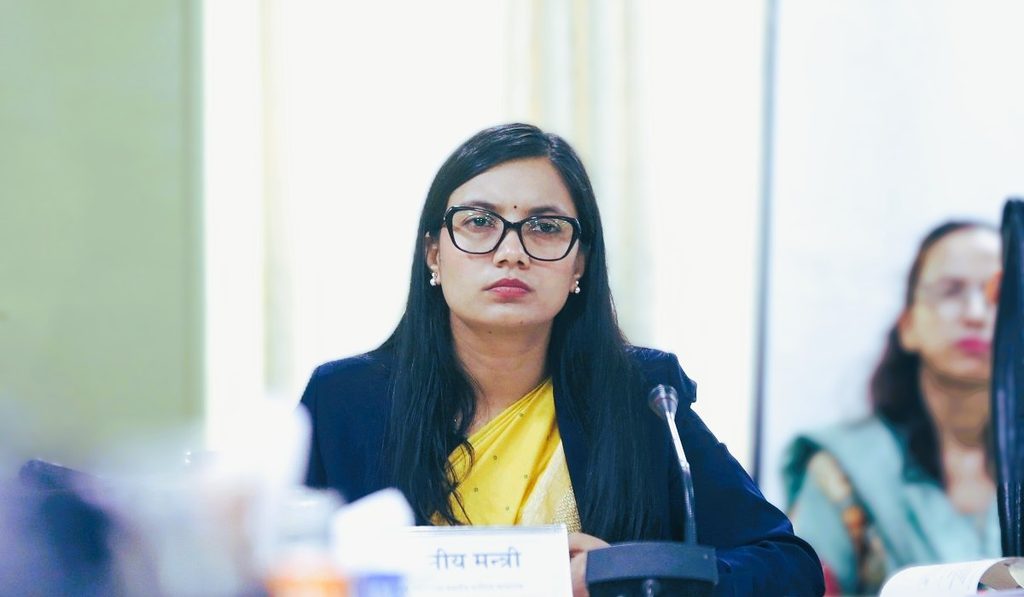 Law Minister Sobita Gautam explaining the provisions of the new land and forest ordinances at a news briefing in Kathmandu