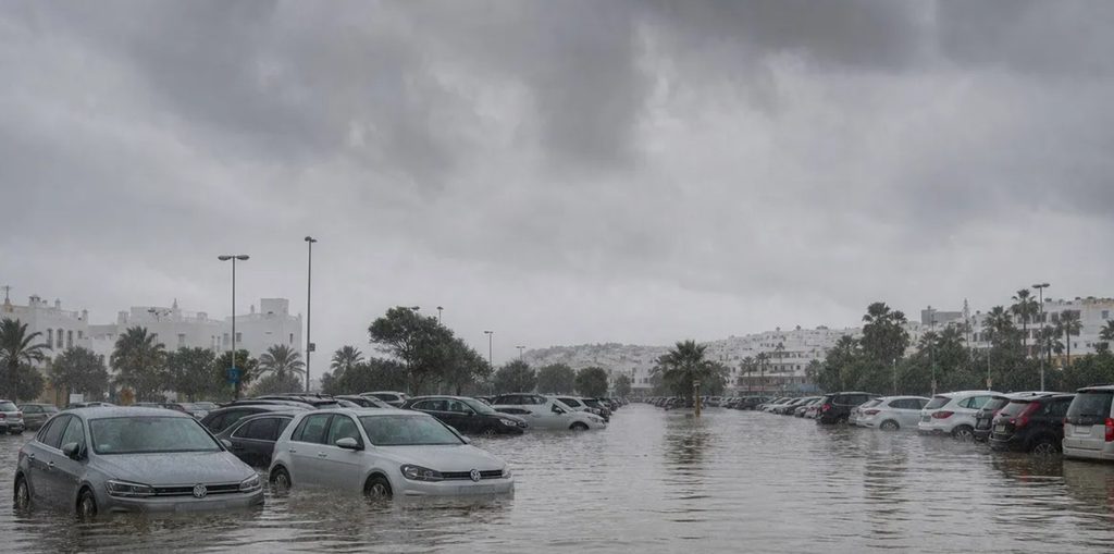 Emergency services and military personnel deploying rescue boats along a flooded street in Valencia following Storm Adam