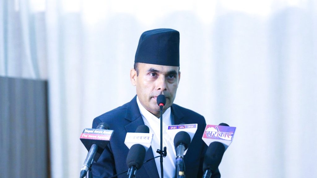 Minister for Information and Communications Dr. Bikram Timilsina issuing press statement in Kathmandu