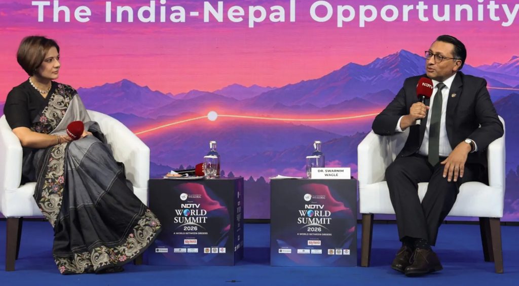 Finance Minister Swarnim Wagle addressing a policy conference in Kathmandu